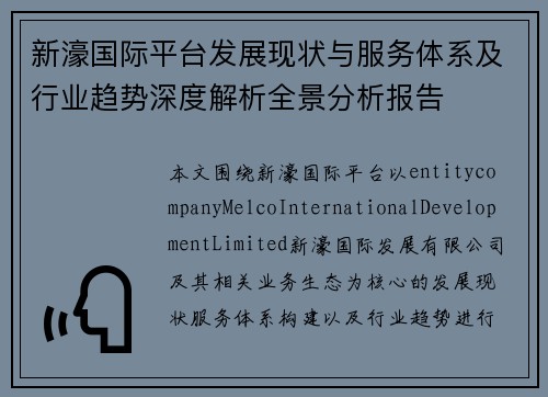 新濠国际平台发展现状与服务体系及行业趋势深度解析全景分析报告