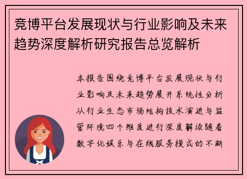 竞博平台发展现状与行业影响及未来趋势深度解析研究报告总览解析