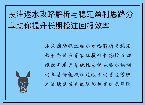 投注返水攻略解析与稳定盈利思路分享助你提升长期投注回报效率